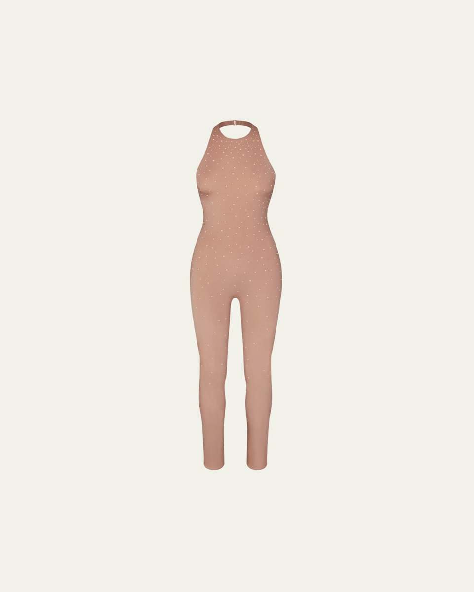 Jelly Sheer Crystal-Embellished Halter Catsuit